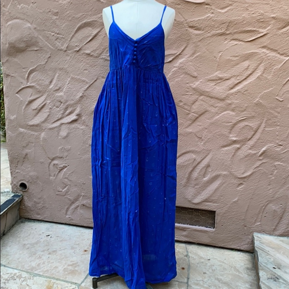 Anthropologie blue and gold maxi dress